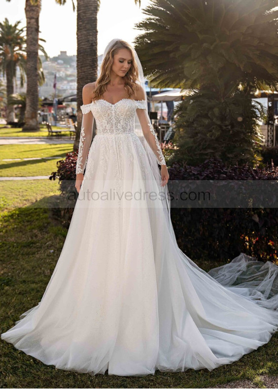 Off Shoulder Beaded Ivory Lace Tulle Fairytale Wedding Dress